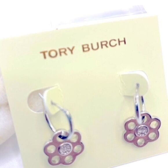 NWT Tory Burch Silver Logo Flower Hoop Drop Earings, Comes With Dust Bag - Picture 3 of 4